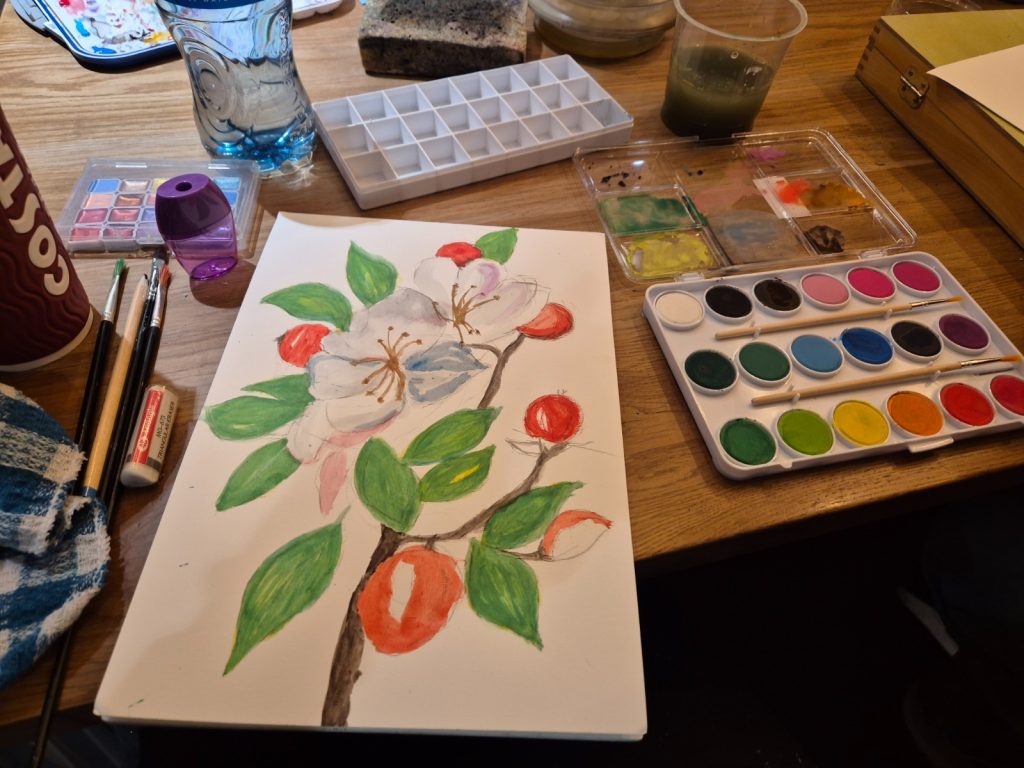 Watercolour Art class floral painting with paint pallet